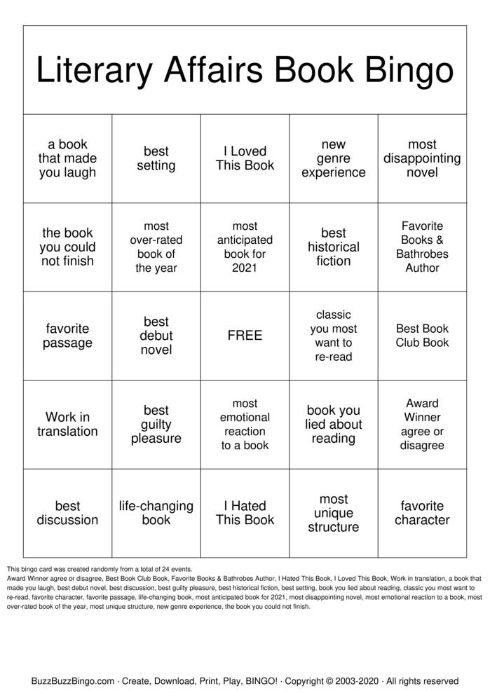 Download Free Literary Affairs Books & Cocktails Bingo Cards