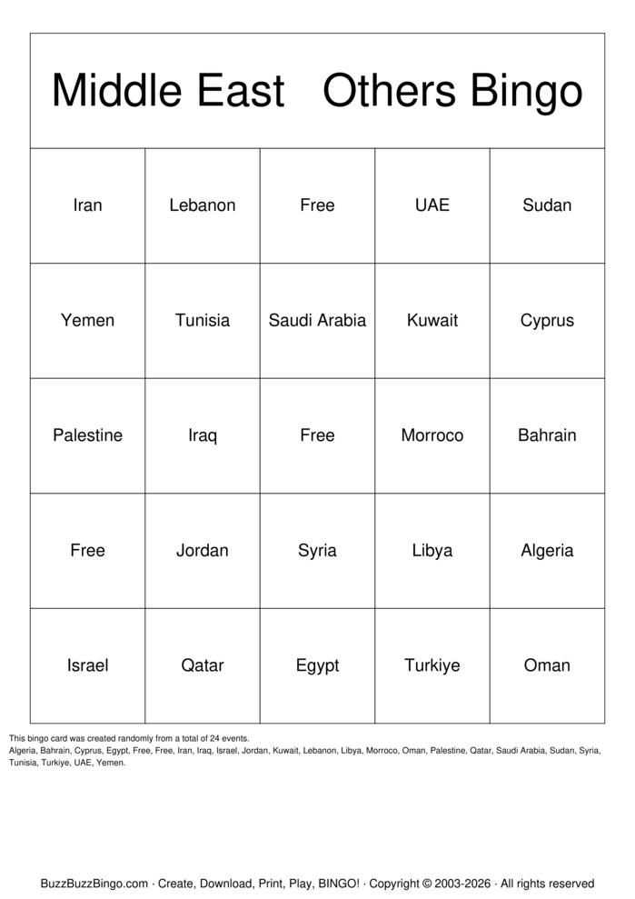 Download Free Middle East   Others Bingo Bingo Cards