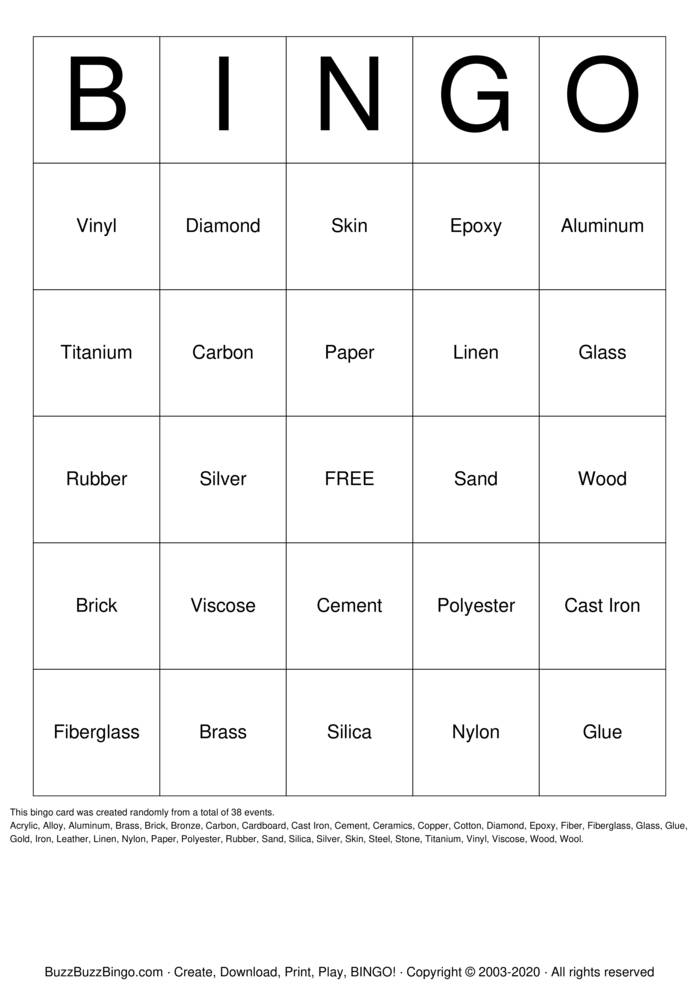 Download Free Physical Materials Bingo Cards