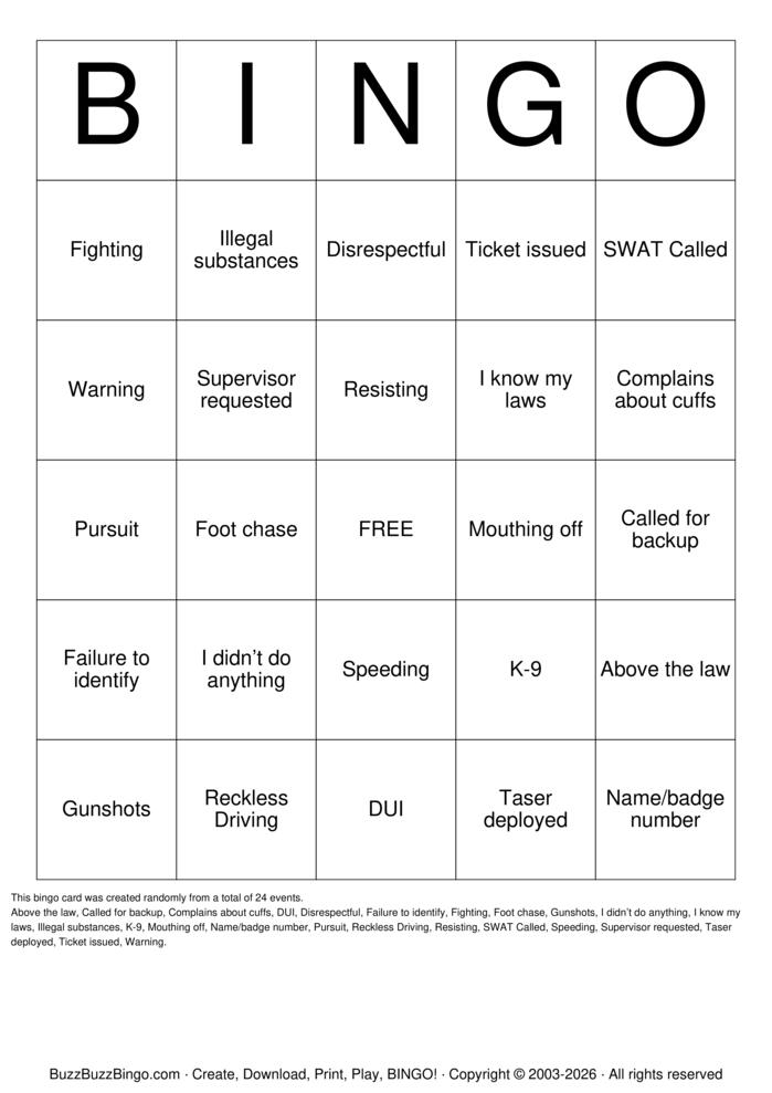 Download Free Police  Bingo Cards