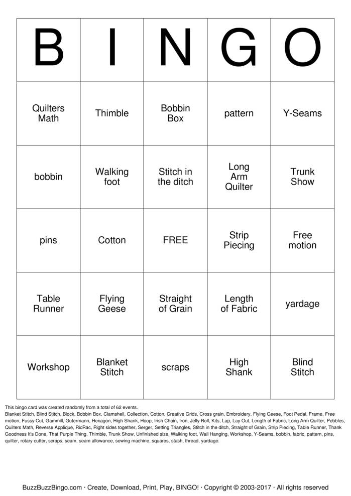 QUILT Bingo Cards to Download, Print and Customize!