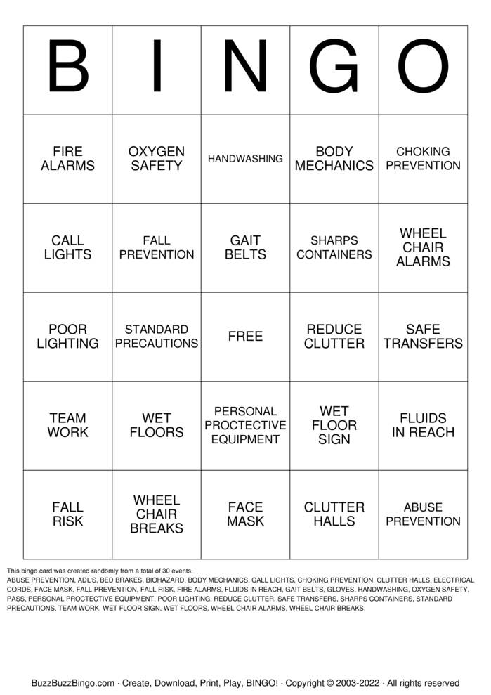 Download Free Safety Bingo Cards