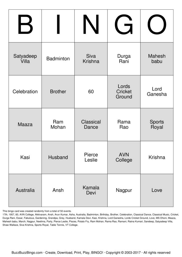 Download Free Satya's 60th Birthday Bingo Cards Download Free Satya's 60th Birthday Bingo Cards