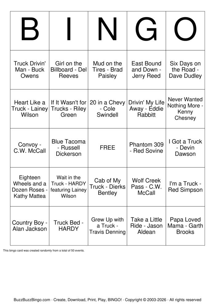 Download Free Truck Songs Top 50 Bingo Cards