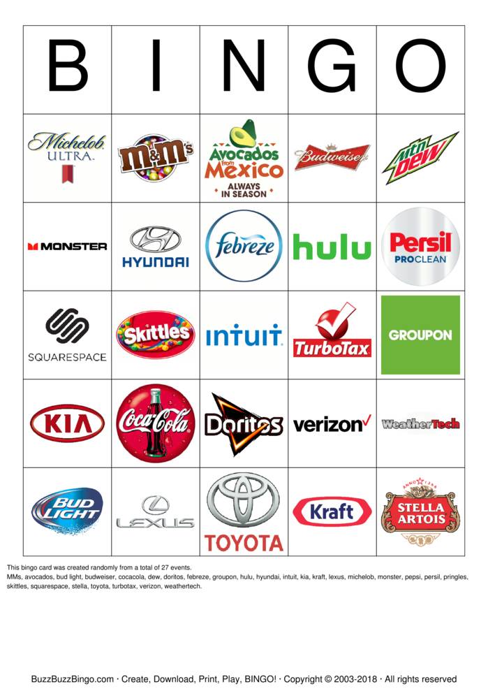 2018 Superbowl Commercial Logos Bingo Cards to Download, Print and ...