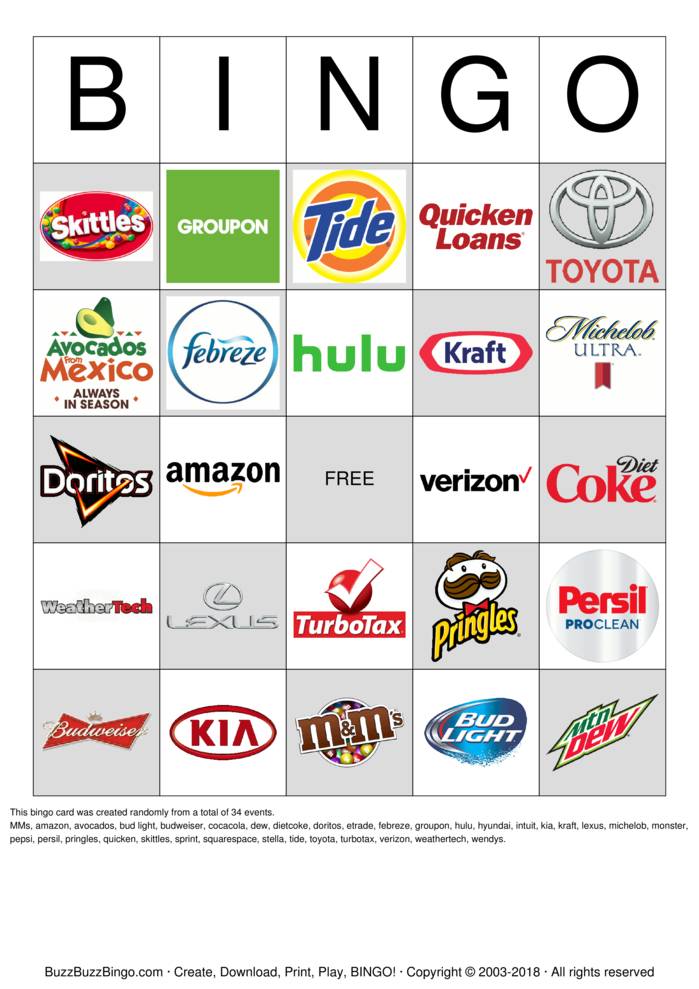 2018 Superbowl Commercial Logos Bingo Cards to Download, Print and ...