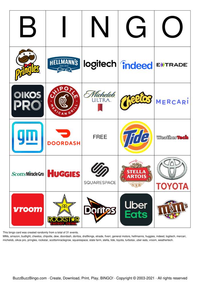 Download Free 2021 Superbowl Commercial Logos Bingo Cards