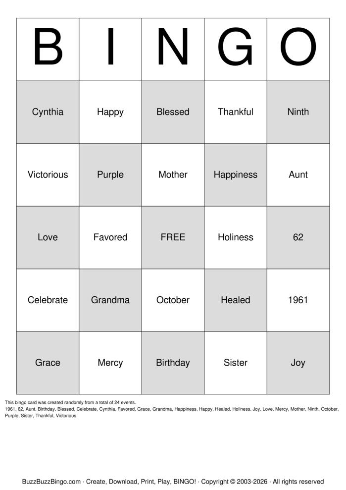 Download Free 62nd Birthday Bingo Cards