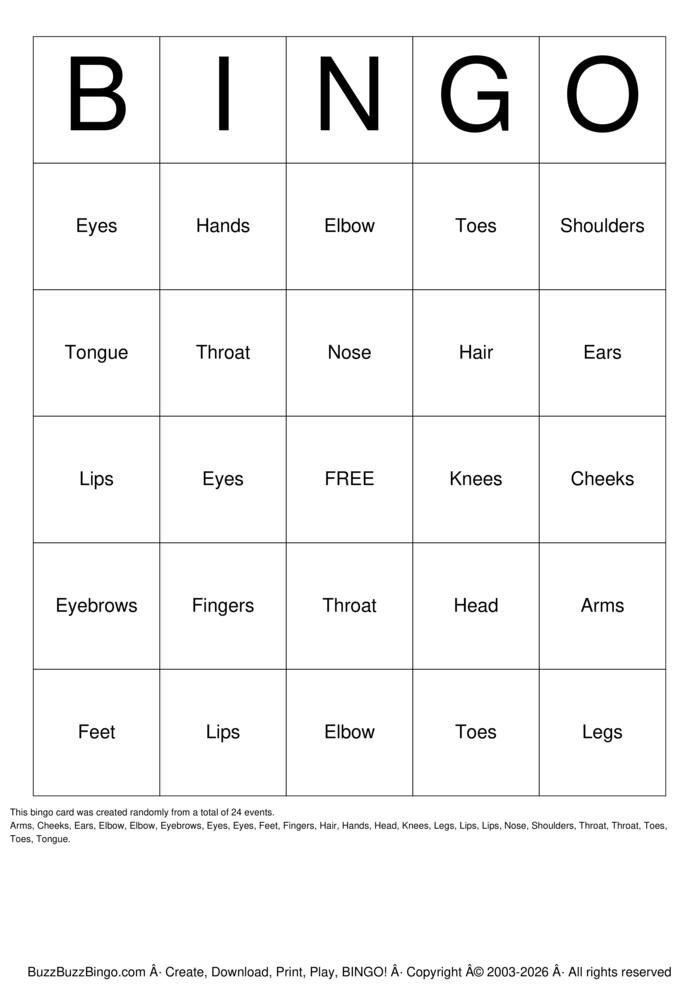 Download Free Body Parts Bingo Cards