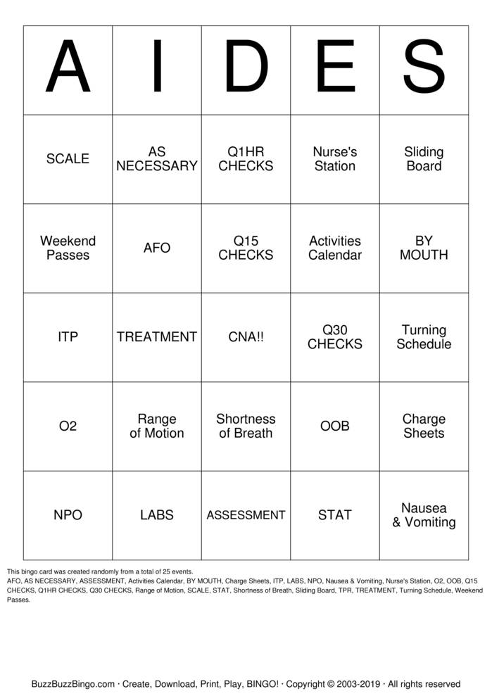 CNA Bingo Cards to Download, Print and Customize!