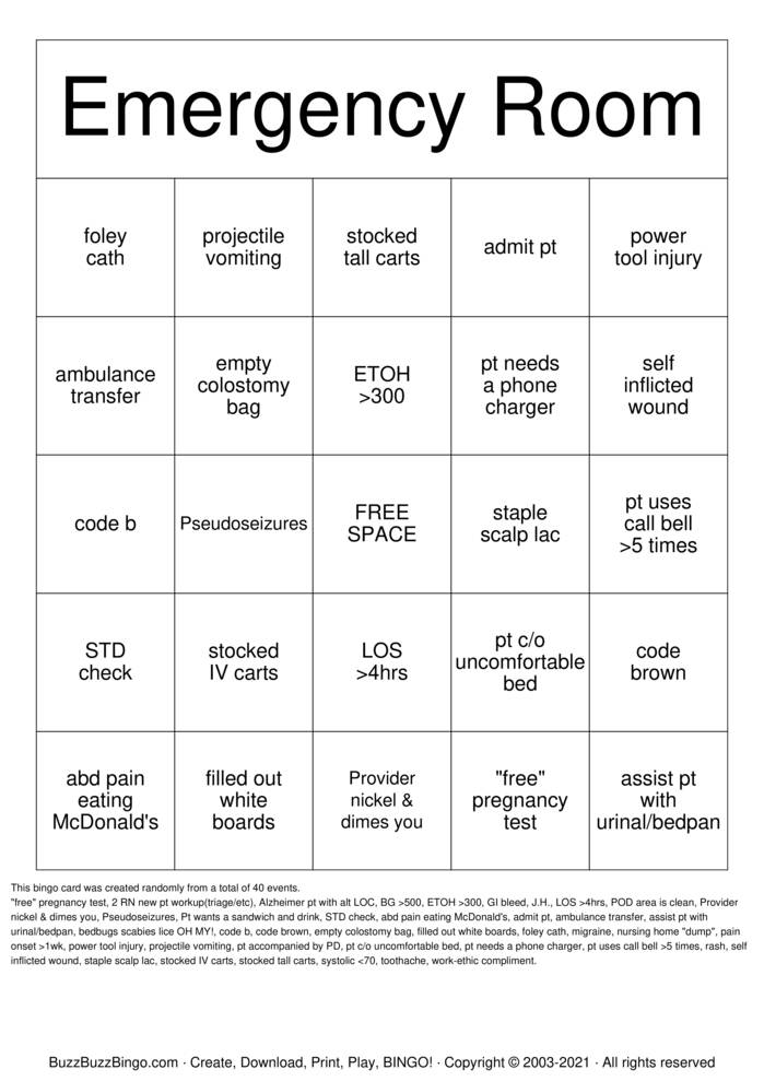 Download Free Emergency Room Bingo Cards
