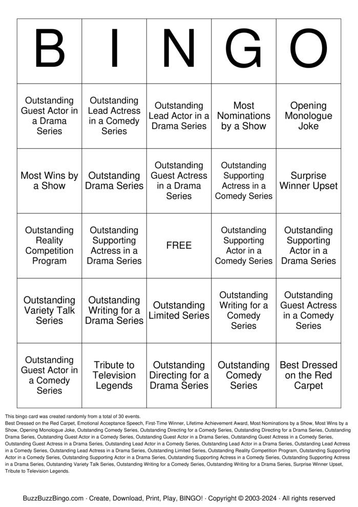 Download Free Emmy Awards Bingo Cards