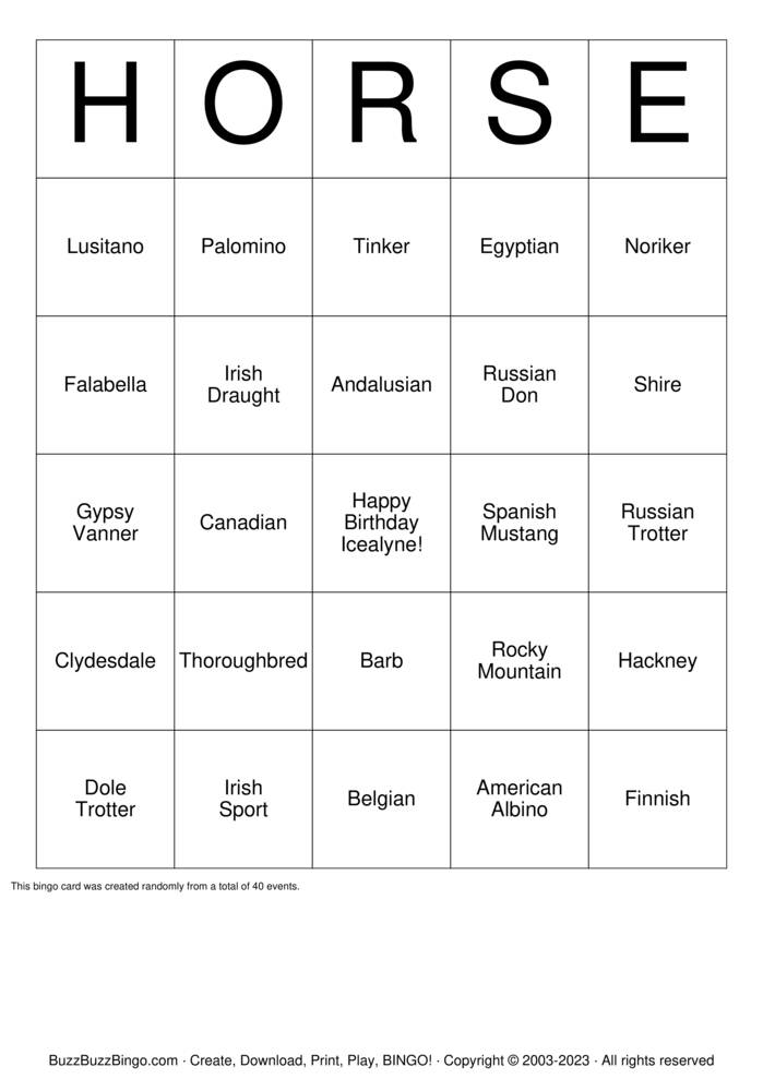 Horse Bingo Cards to Download, Print and Customize!