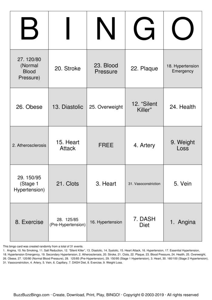 Download Free Hypertension Bingo Cards