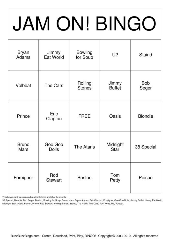 Download Free JAM ON BINGO! Bingo Cards Download Free JAM ON BINGO! Bingo Cards