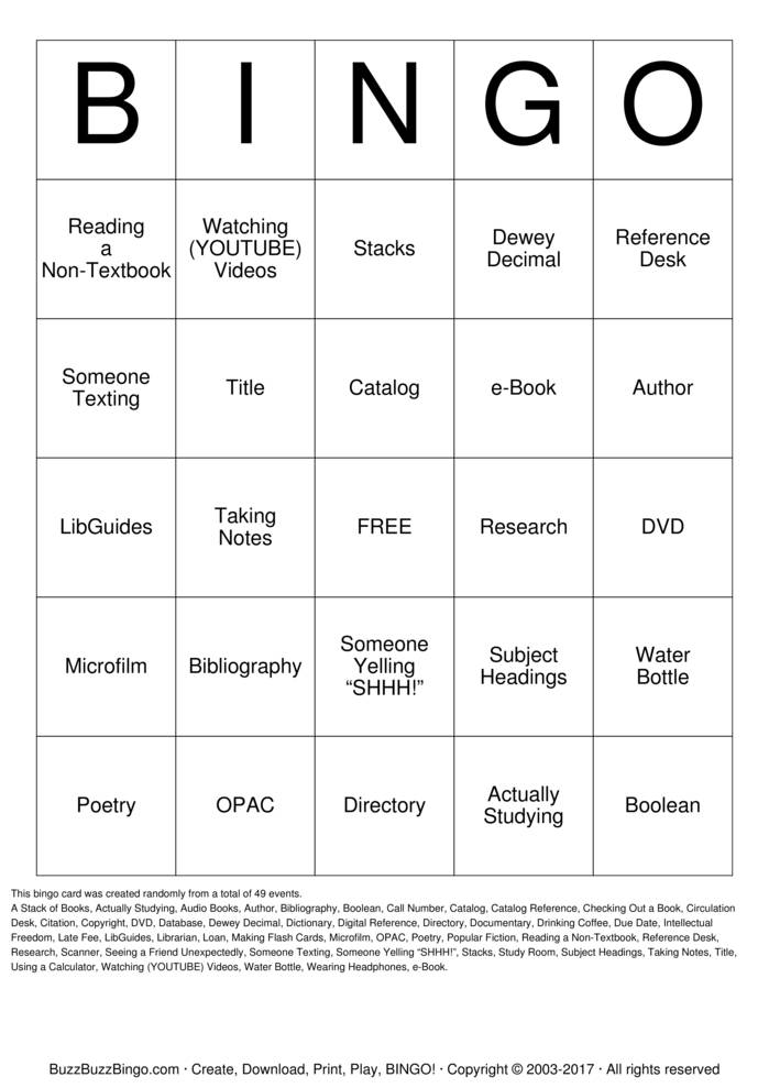 Download Free Library Bingo Cards