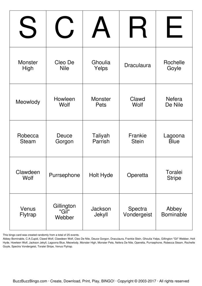 Monster High Bingo Cards to Download, Print and Customize!