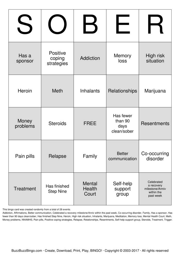 Download Free Recovery Bingo Cards