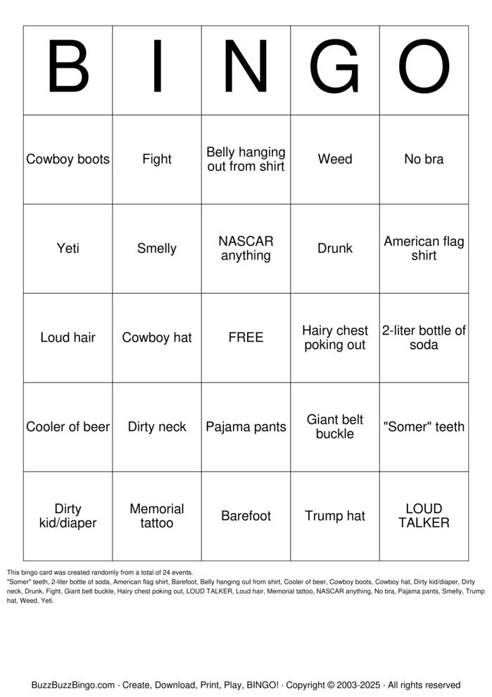 Download Free Redneck Bingo Cards Download Free Redneck Bingo Cards