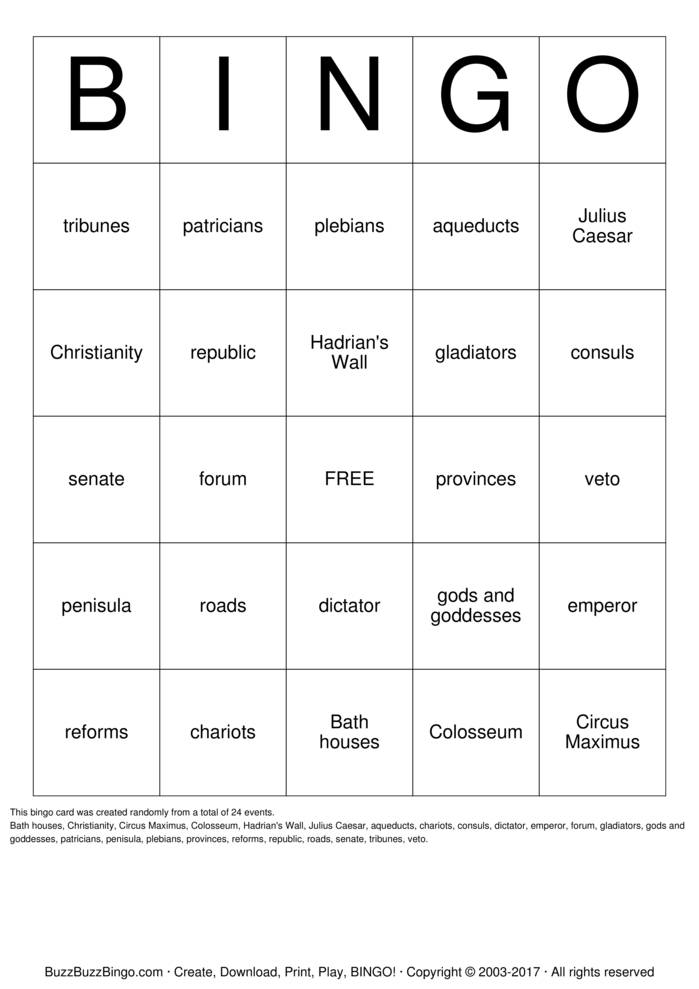 Download Free Rome Bingo Cards
