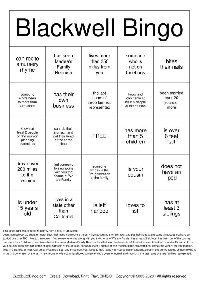 Download Free Rone/Black Family Reunion Bingo Cards