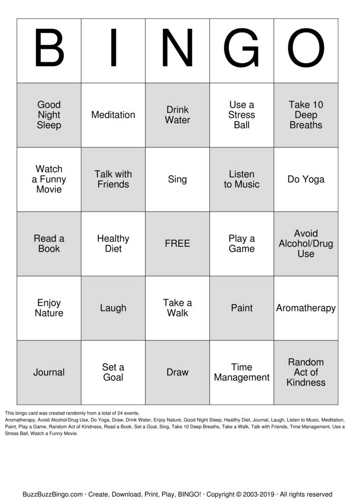 Download Free Stress Management Bingo Cards Download Free Stress Management Bingo Cards