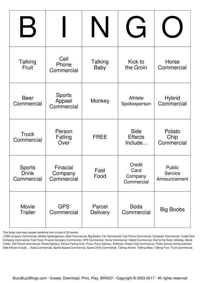 Download Free Superbowl Commercials Bingo Cards Download Free Superbowl Commercials Bingo Cards