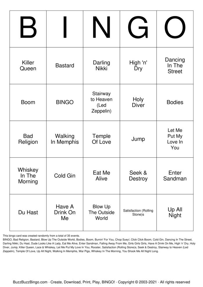 classic rock Bingo Cards to Download, Print and Customize!