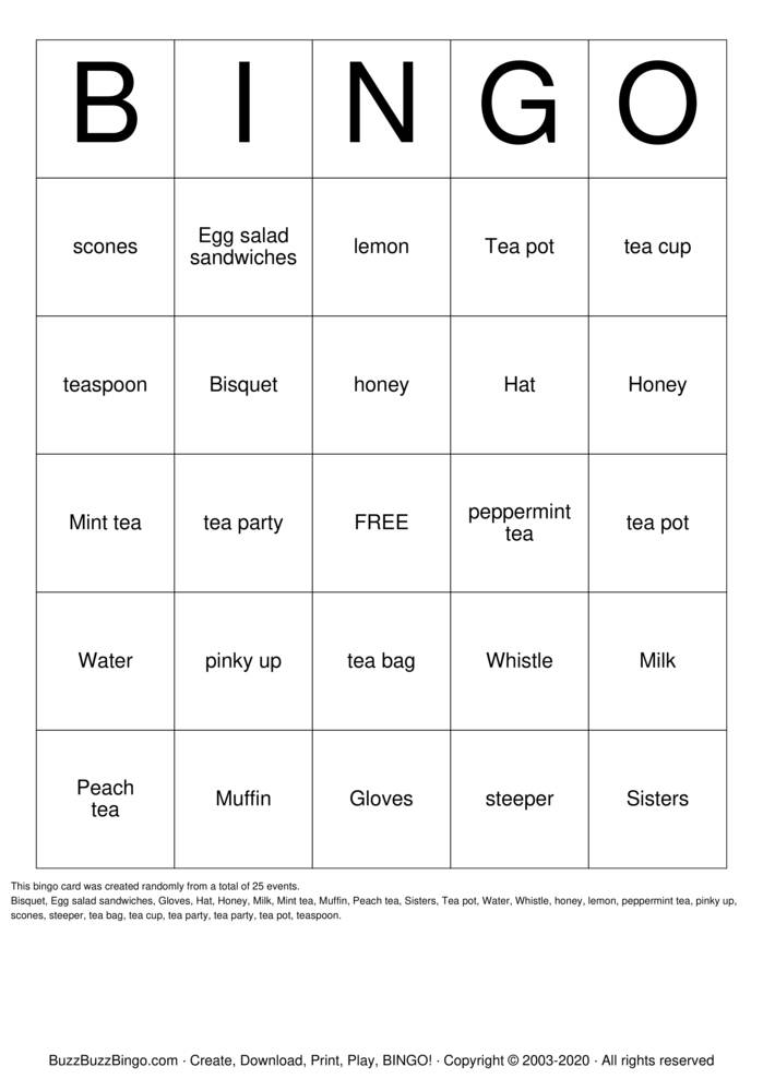 tea party bingo Bingo Cards to Download, Print and Customize!