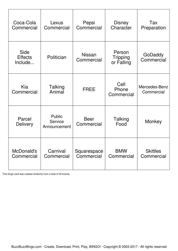 2015 Superbowl Commercials Bingo Cards to Download, Print and Customize!