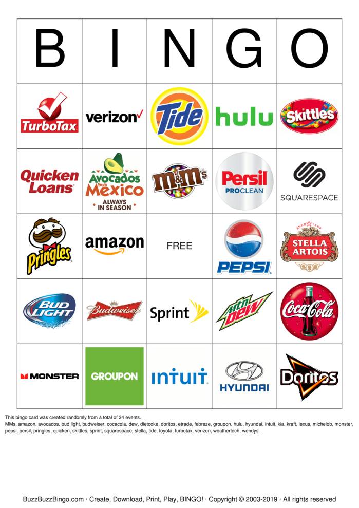2019 Superbowl Commercial Logos Bingo Cards to Download, Print and ...