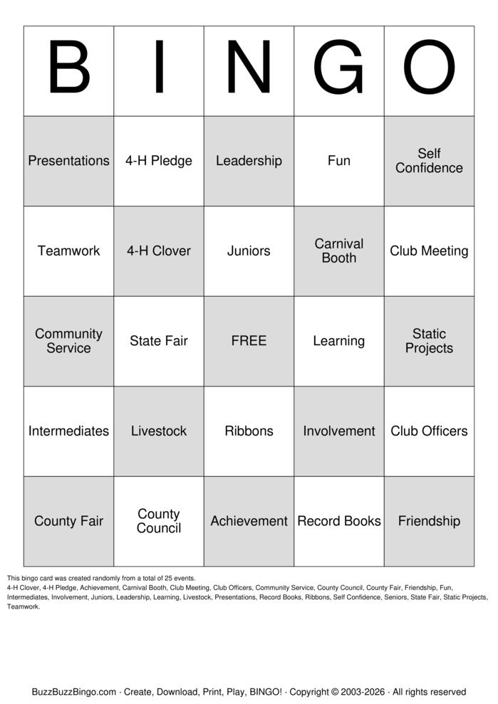 Download Free 4-H Bingo Bingo Cards Download Free 4-H Bingo Bingo Cards