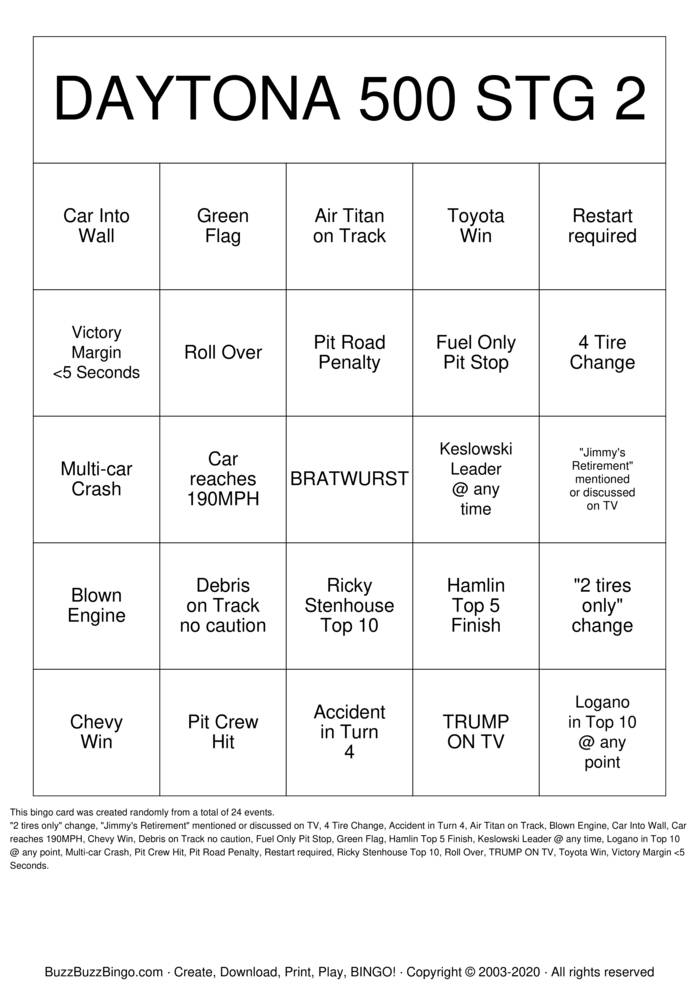 Download Free DAYTONA 500  Bingo Cards
