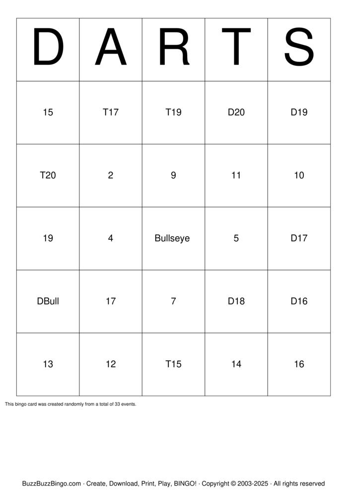 Download Free Darts Bingo Cards Download Free Darts Bingo Cards