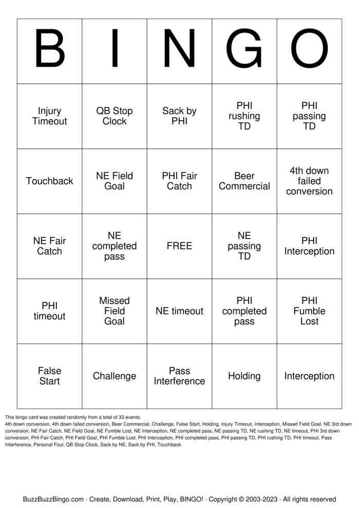 Download Free EAGLES vs PATRIOTS  Bingo Cards