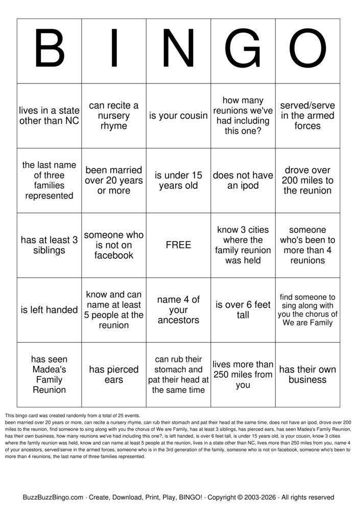 Download Free Family Kickback Bingo Cards