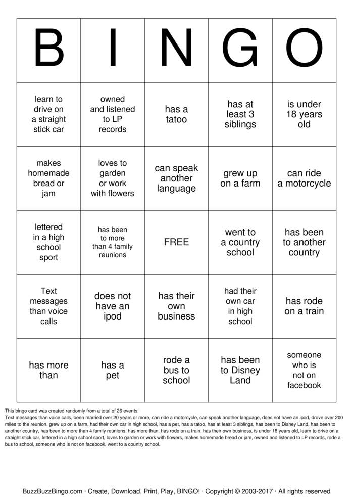 Family Reunion Bingo Bingo Cards To Download Print And Customize 