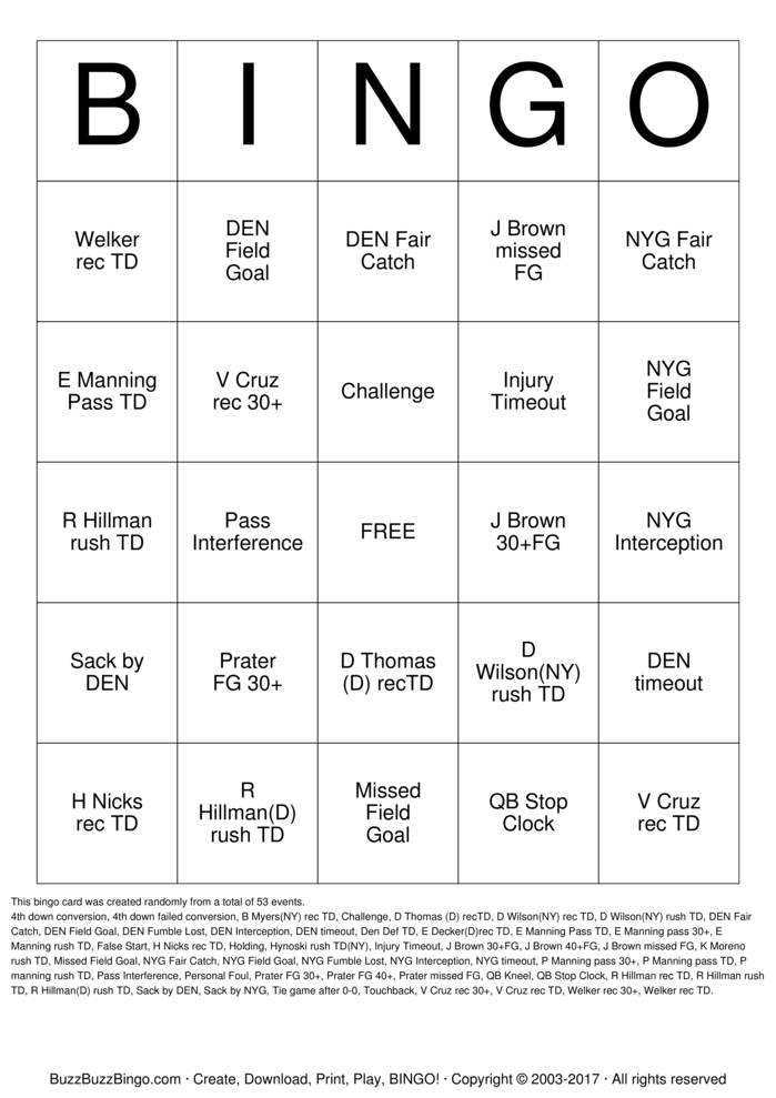 Download Free Football Bingo Cards