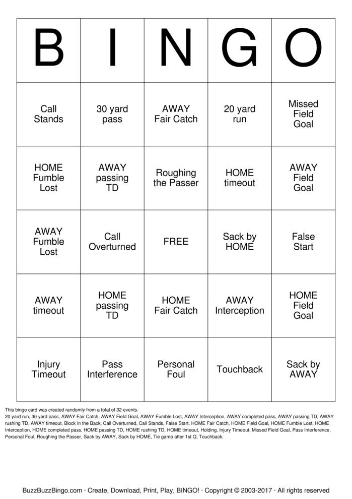 Download Free Football Bingo Cards Download Free Football Bingo Cards