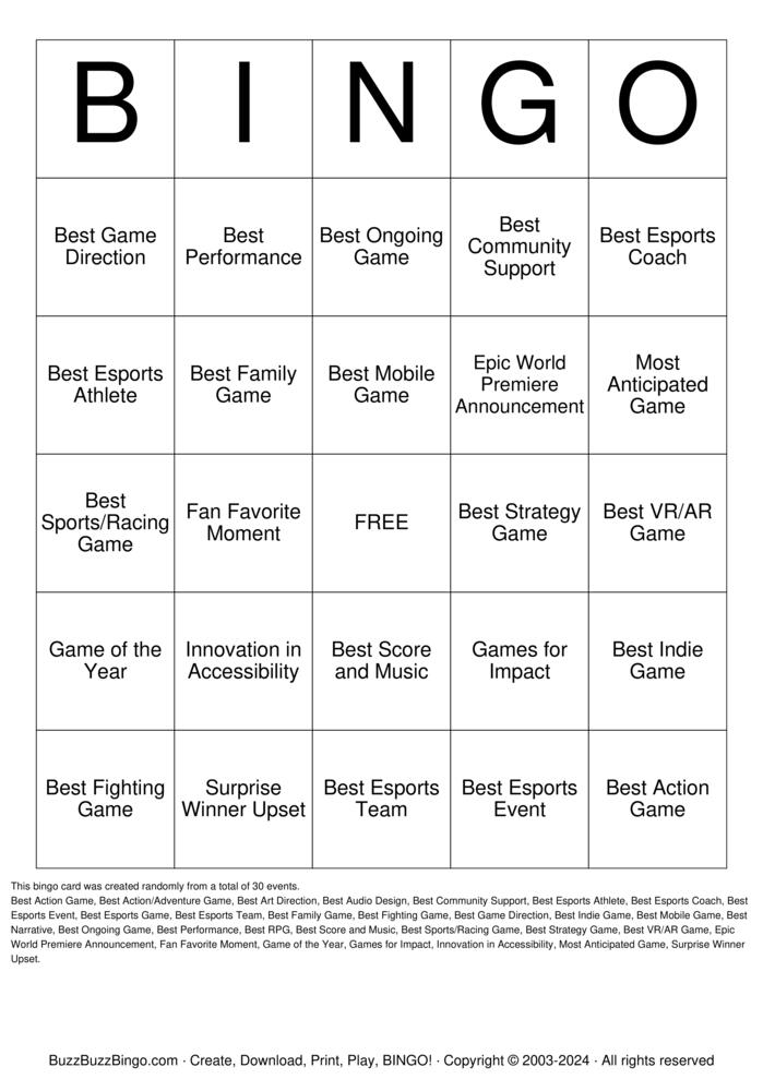 Download Free Game Awards Bingo Cards