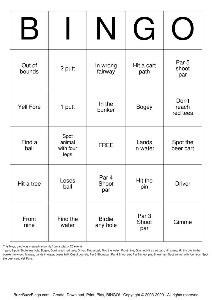 Download Free Golf Bingo Cards Download Free Golf Bingo Cards