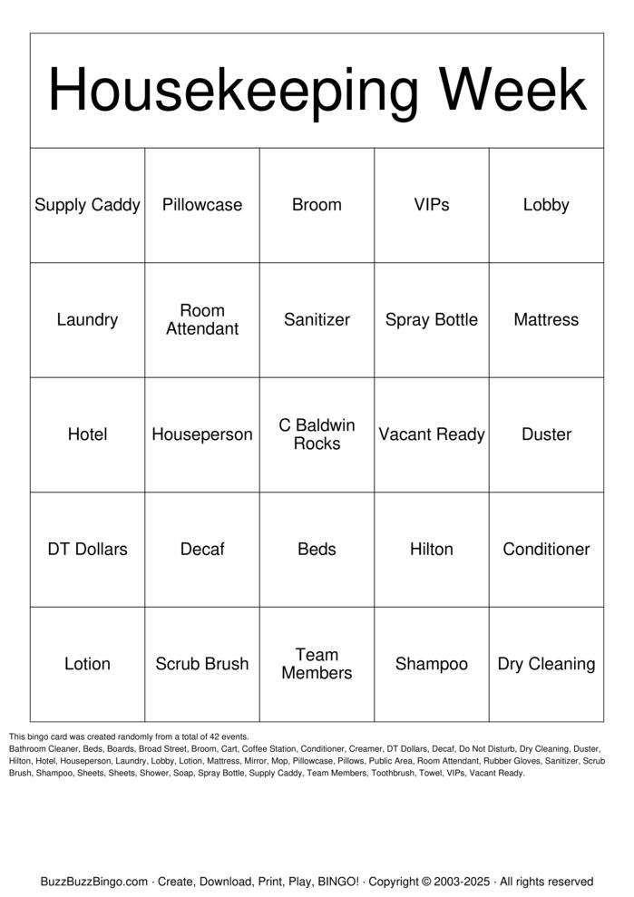 Download Free Housekeeping Week Bingo Cards Download Free Housekeeping Week Bingo Cards