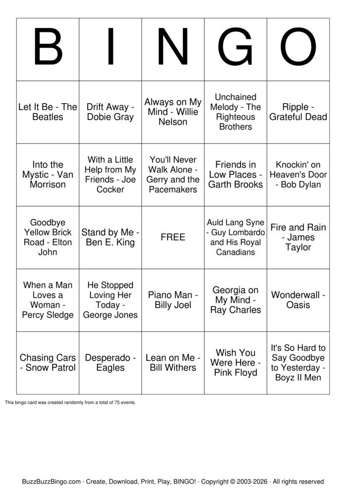 Download Free Last Call Songs Bingo Cards