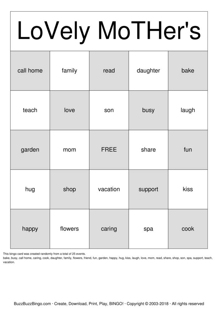 Mothers Day Bingo Cards to Download, Print and Customize!