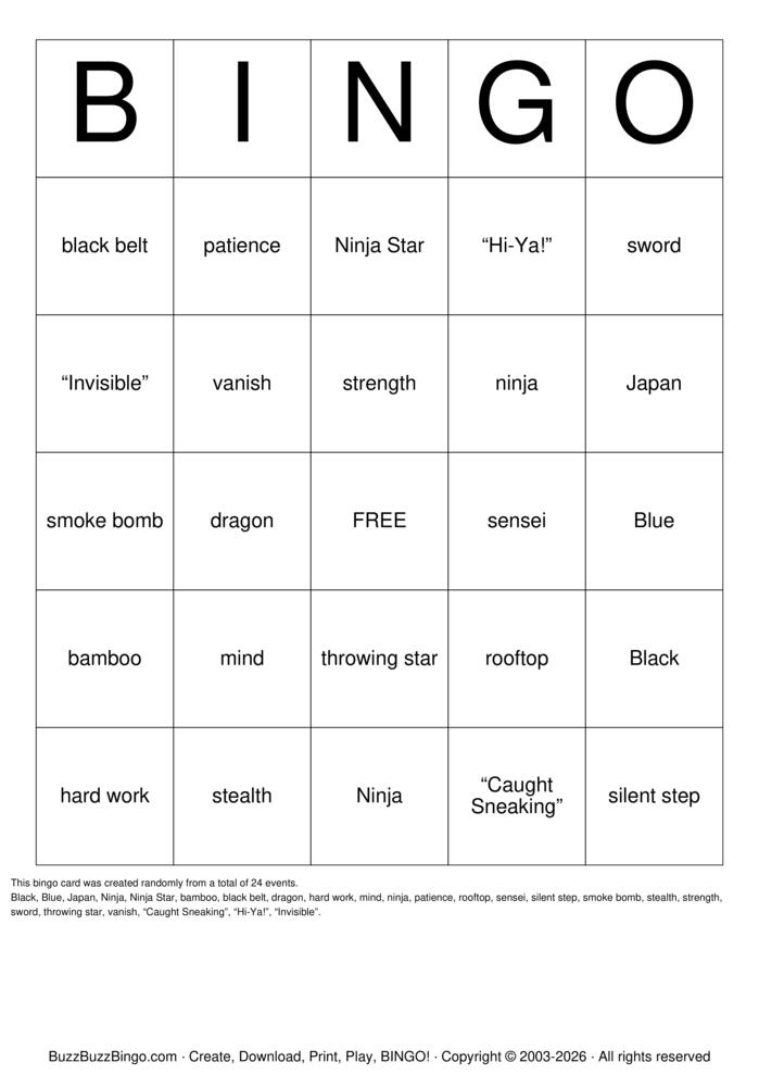 Download Free NINJA Bingo Cards