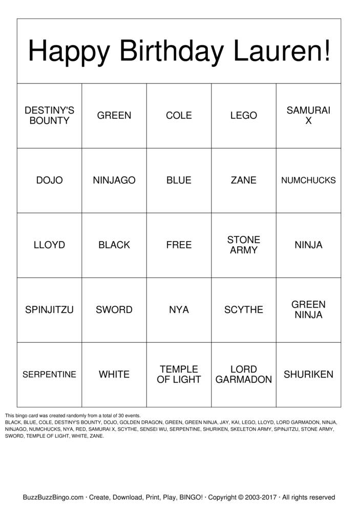 NINJA Bingo Cards to Download, Print and Customize!