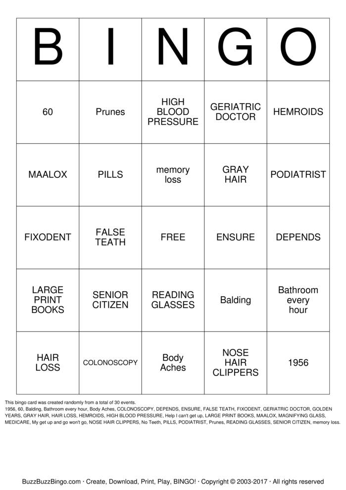 OVER THE HILL Bingo Cards to Download, Print and Customize!