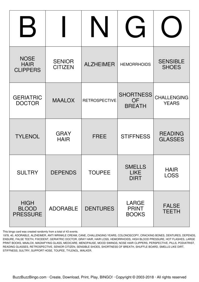 OVER THE HILL Bingo Cards to Download, Print and Customize!