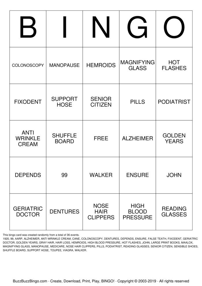 Download Free OVER THE HILL Bingo Cards
