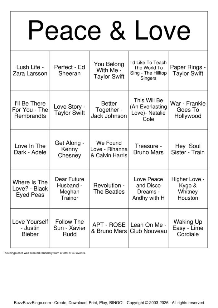 Download Free Peace & Love Bingo Cards